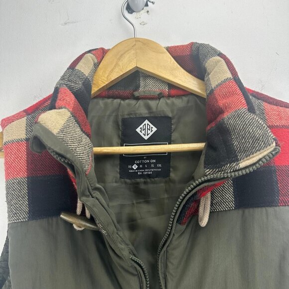 Nineteen Ninety One Vest Mens M Olive/plaid Polyester Hooded Full Zip Pockets - Picture 9 of 9